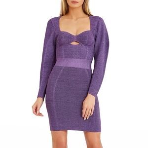 New Herve Leger Purple Metallic Exaggerated Sleeve Mini Dress